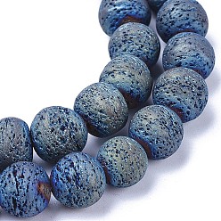 Green Plated Electroplated Natural Lava Rock Beads Strands, Round, Green Plated, 9.5~10.5mm, Hole: 1mm, about 40~42pcs/strand, 15.7 inch(40cm)