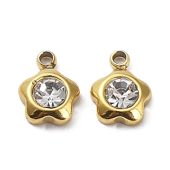 Real 18K Gold Plated Ion Plating(IP) 304 Stainless Steel Charms, with Glass, Flower Charm, Real 18K Gold Plated, 7.5x6x2.5mm, Hole: 1.2mm