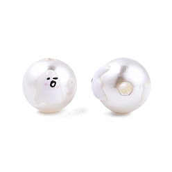 White Halloween Opaque ABS Plastic Imitation Pearl Enamel Beads, Round with Ghost, White, 11.5~12mm, Hole: 2mm