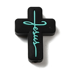 Black Silicone Beads, Cross with Word Jesus, Black, 30x22x8mm, Hole: 2.5mm