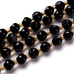 Black Onyx Brin de perles d'onyx noir naturel, avec des perles de rocaille, dés célestes à six faces, 6~6.5x6~6.5x6~6.5mm, Trou: 0.5mm, Environ 24 pcs/chapelet, 8.07'' (20.5 cm)