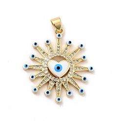 White Rack Plating Brass Micro Pave Clear Cubic Zirconia Pendants, with Enamel, Cadmium Free & Lead Free, Sun with Evil Eye & Heart, Real 18K Gold Plated, White, 29.5x26.5x3.7mm, Hole: 3.2x3.5mm