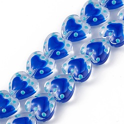 Bleu Brins de perles à chalumeau manuels, avec l'émail, cœur, bleu, 12x12.5x7mm, Trou: 1mm, Environ 30 pcs/chapelet, 13.39 pouce (34 cm)
