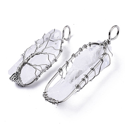 Quartz Crystal Natural Quartz Crystal Wire Wrapped Pendants, Rock Crystal, with Brass Wires, prismatic with Tree of Life, Platinum, 48~62x14~17x13~18mm, Hole: 4x5~6mm