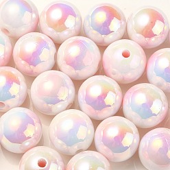 Pink UV Plating Rainbow Iridescent Acrylic Beads, Round with Heart Pattern, Pink, 16x15mm, Hole: 3mm