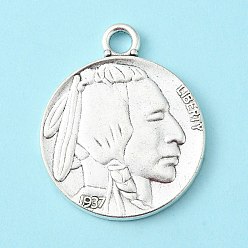 Antique Silver Tibetan Style Alloy Coin Pendants, Flat Round with Indian Head and Buffalo, Cadmium Free & Lead Free, Antique Silver, 40x33x3mm, Hole: 4mm