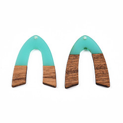 Turquoise Pendentifs en résine transparente et bois de noyer, charme en forme de v, turquoise, 38x29x3mm, Trou: 2mm