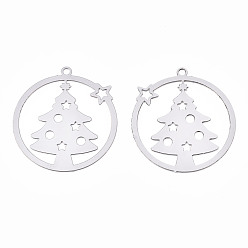 Stainless Steel Color Christmas 201 Stainless Steel Filigree Pendants, Etched Metal Embellishments, Ring with Christmas Trees, Stainless Steel Color, 22x20x0.3mm, Hole: 1.2mm