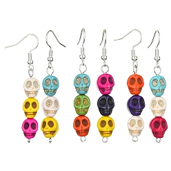 Mixed Color Dyed Synthetic Turquoise Dangle Earrings, Skull, 55x8.5mm