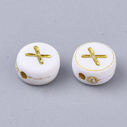 Letter X Perles acryliques plaquées, métal doré enlaça, trou horizontal, rond et plat avec alphabet, blanc, letter.x, 7x3.5mm, Trou: 1.2mm, environ3600 pcs / 500 g