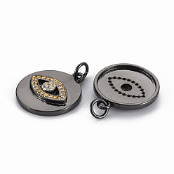Gunmetal Brass Micro Pave Clear Cubic Zirconia Pendants, with Jump Rings, Nickel Free, Real 16K Gold Plated, Flat Round with Eye, Gunmetal, 20x17x3mm, Jump Ring: 5x1mm, 3mm inner diameter