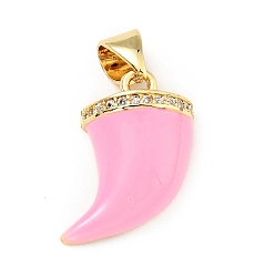 Perlas de Color Rosa Colgantes de esmalte de circonita cúbica transparente micro pavé de latón, sin plomo y cadmio, real 18 k chapado en oro, vaina / forma de colmillo, rosa perla, 16x13x5 mm, agujero: 3.5x5.5 mm