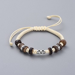 Beige Unisex Adjustable Korean Waxed Polyester Cord Braided Bead Bracelets, with Brass Rhinestone Spacer Beads, Coconut Beads and Alloy Hangers Links, Beige, 2-1/8 inch~3-3/8 inch(5.5~8.5cm)