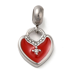 FireBrick 304 Stainless Steel Enamel European Dangle Charms, Large Hole Pendants with Crystal Rhinestone, Heart, Stainless Steel Color, FireBrick, 25mm, Pendant: 16x14x3mm, Hole: 4.5mm