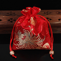 Red Chinese Style Flower Pattern Satin Jewelry Packing Pouches, Drawstring Gift Bags, Rectangle, Red, 14x11cm