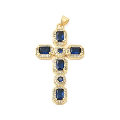 Dark Blue Rack Plating Brass Pendants, with Glass Cubic Zirconia, Religion Cross Charm, Cadmium Free & Lead Free, Long-Lasting Plated, Real 18K Gold Plated, Dark Blue, 46x26x4mm, Hole: 5X3mm