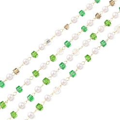 Yellow Green Faceted Cube Glass & ABS Plastic Imitation Pearl Beaded Chains, with Light Gold 304 Stainless Steel Findings, Soldered, Yellow Green, 4x2.5mm, 4x2.5x2.5mm