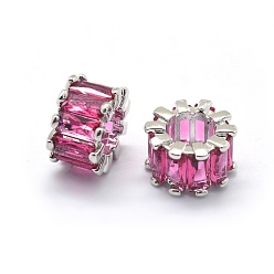 Deep Pink Cubic Zirconia European Beads, Large Hole Beads, with Brass Findings, Column, Platinum, Deep Pink, 10.5x6.5mm, Hole: 5.5mm