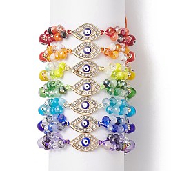 Mixed Color 7Pcs 7 Color Lampwork Evil Eye & Glass Braided Bead Bracelets Set, Crystal Rhinestone Horse Eye Link Bracelets for Men Women, Mixed Color, Inner Diameter: 1-3/4~3-7/8 inch(4.4~9.8cm), 1Pc/color