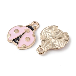 Perlas de Color Rosa Colgantes de la aleación del esmalte, la luz de oro, encanto de mariquita, rosa perla, 17.5x14x2 mm, agujero: 2 mm
