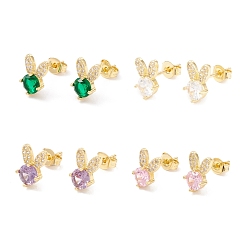 Mixed Color Brass Micro Pave Cubic Zirconia Stud Earring, Real 18K Gold Plated, Rabbit, Mixed Color, 10x6.5mm, Pin: 1mm
