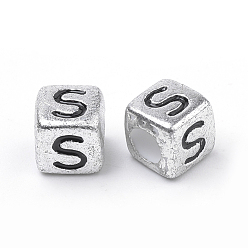 Letter S Plated Acrylic Beads, Horizontal Hole, Cube with Letter, Antique Silver, Letter.S, 6mm, Hole: 3mm, about 3000pcs/500g