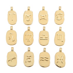 Constellation Brass Pendants, Long-Lasting Plated, Oval with Constellation, Real 18K Gold Plated, 12 Constellations, 24x12.5x2mm, Hole: 3.5x1.5mm