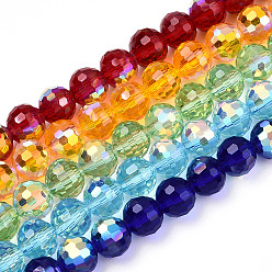 Mixed Color Transparent Electroplate Glass Beads Strands, Faceted, Half AB Color Plated, Round, Mixed Color, 8x7~7.5mm, Hole: 1.0mm, about 71~72 pcs/strand, 20.20~21.85 inch(51.3~55.5cm)