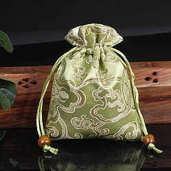 Yellow Green Chinese Style Flower Pattern Satin Jewelry Packing Pouches, Drawstring Gift Bags, Rectangle, Yellow Green, 14x11cm