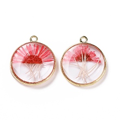 Deep Pink Transparent Clear Epoxy Resin Pendants, with Edge Golden Plated Brass Loops, Flat Round Charms with Inner Flower, Deep Pink, 22x19x3.8mm, Hole: 1.4mm
