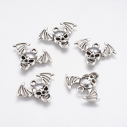 Antique Silver Alloy Pendants, Skull with Wing, Antique Silver, 17x23x3mm, Hole: 1.5mm