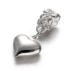 Silver Heart Alloy European Dangle Large Hole Pendants, Silver Color Plated, 25.5mm, Hole: 5mm