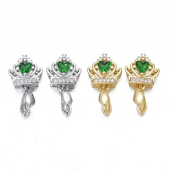 Mixed Color Brass Micro Pave Cubic Zirconia Ice Pick Pinch Bails, Long-Lasting Plated, Crown, Green & Clear, Mixed Color, 19x10.5x7mm, Hole: 2x4mm, Pin: 0.7mm.