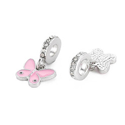 Pink Rack Plating Enamel Alloy European Dangle Charms, with Crystal Rhinestone, Large Hole Beads, Cadmium Free & Nickel Free & Lead Free, Butterfly, Platinum, Pink, 23mm, Hole: 4.5mm, Butterfly: 11x13x2.5mm
