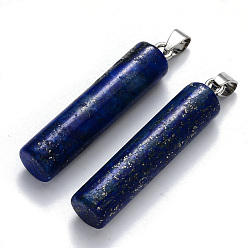 Lapis Lazuli Natural Lapis Lazuli Pendants, with Platinum Tone Iron Pinch Bail, Column, 43~46x10mm, Hole: 4x7mm