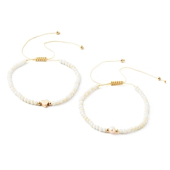 White Adjustable Nylon Thread Braided Bead Bracelets Set, Faceted Rondelle Electroplate Glass Beads, Brass Bead, Heart, White, Inner Diameter: 2-1/2 inch(6.5~11.2cm), 2pcs/set