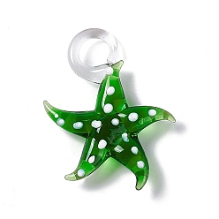 Зеленый Подвески лэмпворк ручной работы, морская звезда, зелёные, 34~37x26~29x7~8 мм, отверстие : 6.5~7x6.5~7.5 мм