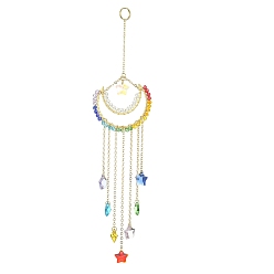 Coloré Décorations suspendues en verre enveloppées de fil de cuivre étoile et lune, ornements suspendus en laiton, colorées, 240mm
