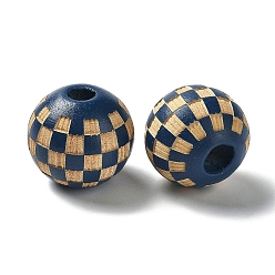 Bleu Marine Perles tartan gravées au laser en bois, ronde, teint, pour bricolage, bleu marine, 15.5~16x14.5mm, Trou: 4.5mm