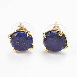 Lapis Lazuli Natural Lapis Lazuli Stud Earrings, with Golden Tone Brass Findings, Faceted Flat Round, 11mm, Pin: 0.8mm