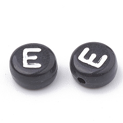 Letter E Perles acryliques opaques, trou horizontal, style alphabet, plat rond, letter.e, 7x4mm, Trou: 1.5mm, environ3700 pcs / 500 g