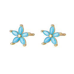 Cyan Boucles d'oreilles clous fleur zircone cubique, boucles d'oreilles en argent sterling dorées, cyan, 925mm
