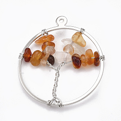 Carnelian Brass Wire Wrapped Pendants, with Dyed Natural Carnelian Chip Beads, Ring with Tree, Platinum, 35x30x5~10mm, Hole: 1mm