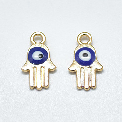 Blue Light Gold Plated Alloy Charms, with Enamel, Religion, Hamsa Hand/Hand of Fatima /Hand of Miriam with Evil Eye, Blue, 14.5x8x2.5mm, Hole: 1.8mm