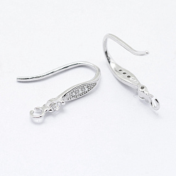 Platinum Rhodium Plated 925 Sterling Silver Micro Pave Cubic Zirconia Earring Hooks, with 925 Stamp, Clear, Platinum, 17x2.5mm, Hole: 1mm, 20 Gauge, Pin: 0.8mm