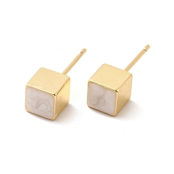 White Enamel Cube Stud Earrings, Real 18K Gold Plated Brass Jewelry for Women, White, 6x6mm, Pin: 0.8mm