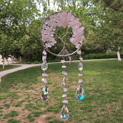 Rose Quartz Metal Wire Wrapped Natural Rose Quartz Chips Flat Round with Tree of Life Pendant Decorations. Hanging Suncatchers, with Glass Teardrop Charm, 300x80mm