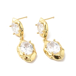 Real 18K Gold Plated Clear Cubic Zirconia Double Leaf Dangle Stud Earrings, Brass Jewelry for Women, Cadmium Free & Nickel Free & Lead Free, Real 18K Gold Plated, 34mm, Pin: 0.8mm