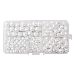 White Eco-Friendly Dyed Glass Pearl Round Pearlized Bead, White, 4~10mm, Hole: 0.7~1.5mm, 430pcs/box