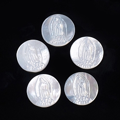 White Shell Natural White Shell Cabochons, Religion, Flat Round with Virgin Mary, 12.5x2~2.5mm